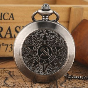 USSR Soviet Badges Sickle Hammer Quartz Pocket Watch Necklace Gray Chain Clock CCCP FOB Watch as Christmas Gifts for Men