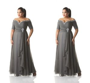 2021 Sexy Sliver Gray Mother off bride dresses Chiffon Cap Sleeves Beaded Sash Ruched Floor Length Plus Size Women Formal Mothers Gowns