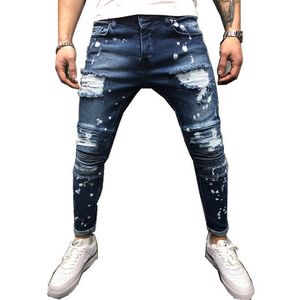 Niebieski uszkodzony chude dopasowanie jeansów ulicznych dżinsów motocykl motocyklowy Jean Causal Hole Pants Streetwear Mens Męskie spodnie