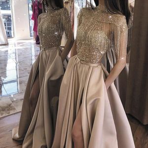 Tassel A Line evening dresses 2020 High Neck Split Short Sleeve Beaded Sparkle Gold Satin Vestidos De Graduacion Largos Robe De Soiree