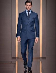 Fashion Navy Blue Groom Tuxedos Double-Breasted Groomsmen Wedding Tuxedos Popular Men Formal Blazer Prom Jacket Suit(Jacket+Pants+Tie) 321