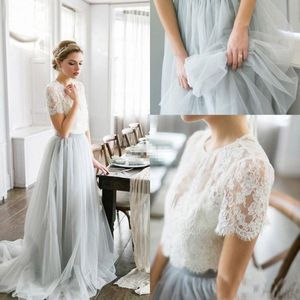 Cheap Country Style Bohemian Bridesmaid Dresses Top Lace Short Sleeves Illusion Bodice Tulle Skirt Maid Of Honor Wedding Guest Party Gowns