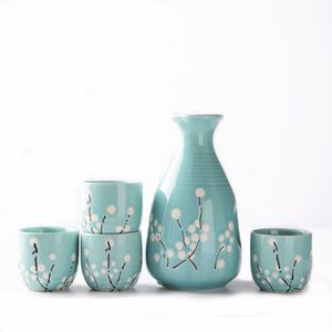 Japanese Sake Set Drinkware 1 Ceramic Bottle Flask 4 Cups Bamboo Serving Tray Asian Wine Gift Handpainted Sakura on Blue Pink Green Grey