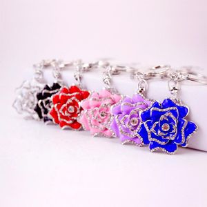 Peony Flower Pendant Key Chain Enamel Alloy Rhinestone Paved Bag Keychain Holder Beauty Floral Metal Car Keys Ring Charms Jewelry Gift Keyring Accessories