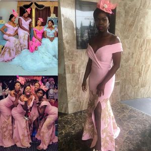 African Pink Mermaid Bridesmaid Dresses With Lace Appliques Off Shoulder Side Split Satin Wedding Guest Dress Plus Size Maid Of honor Cheap