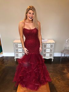 Lace Mermaid Prom Evening Dresses with Lace Up Back Ruffle Tulle Vestidos De Fiesta Party Formal Gowns Long
