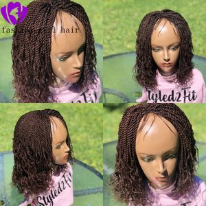 Popularne Perruques Krótkie Kręcone Plecione Koronki Przednia Peruka Brown / Burgundia / Black Bob Box Braids Syntetyczna peruka Darmowa wysyłka