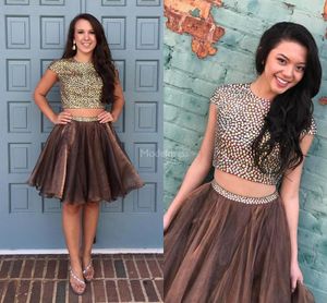 Brown Homecoming Beaded Dresses Two Piece Tulle Capped Sleeves Jewel Neck Tail Party Dress Graduation Formal Wear