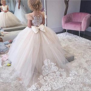 New Princess Flower Girls Dresses Weddings Jewel Tulle Lace Appliques Button Back With Big Bow Birthday Children Girl Pageant Gowns