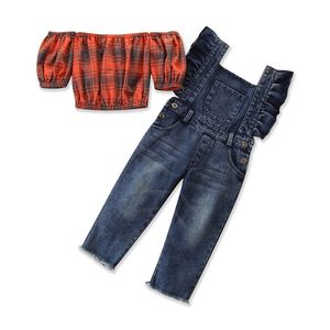 Baby Sommarkläder 1-6T Fashion Kid Baby Girl Kläder Set Plaid Balloon Sleeve Vest Crop Top Denim Suspender Byxor Outfit