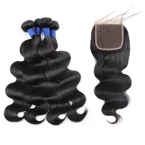 10A Cabelo brasileiro Pacotes de cabelo humano com fecho onda corporal por atacado cabelo peruano tece transporte rápido 4bundos com fechamento para as mulheres