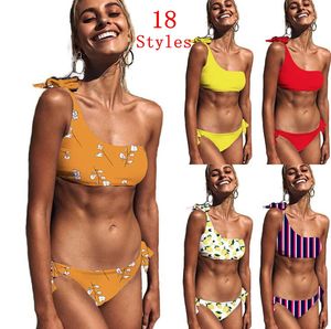 Stroje kąpielowe One-Ramię 18 Stylami Kobiet Paski Drukowane Bikini Swimsuit Summer Beach Garnitur Kąpielowy 2 Sztuk / Zestaw 2Sets OOA6811