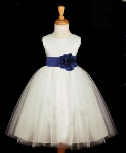 White with Royal Blue Sash Cheap Tulle Flower Girl Dresses 2019 Princess A Line Sleeveless Kids Toddler First Communion Dress