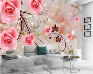 Custom 3d Flower Wallpaper 3d Jade Carving Lotus Leaf Delicate Pink Rose Romance HD Decorative Beautiful Wallpaper