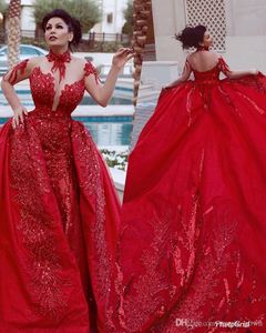 Powiedział Mhamad Mermaid Prom Dresses z odpinanym pociągiem Koronki Aplikacja Główne koraliki Długie Rękaw Illusion Formalne Suknie Plus Size Evening Suknie