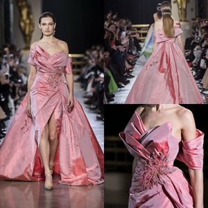 2019 Elie Saab Fuchsia Prom Dresses Off The Shoulder Lace Appliqued Beads Side Split A Line Evening Dress Custom Made Formal Party Gowns