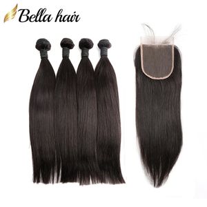 Unprocessed Indian Human Hair Bundles with Lace Closure 4X4 Natural Color Straight Virgin Hair Extensions Weave Bellahair Full Head 5PCS