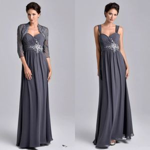 2019 Nova Mãe Cinza dos Vestidos de Noiva Com Jaqueta Rendas Appliqued Até O Chão Convidado Do Casamento Vestidos Plus Size Vestidos de Noite de Chiffon