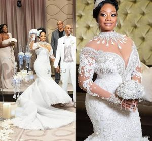 Plus Size Mermaid Dresses African Beaded Jewel Neck Chapel Train Long Sleeves Wedding Dress Bridal Gowns vestidos de novia