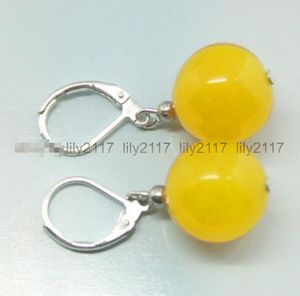 Hübsche, handgefertigte 12mm Gelbe Jade Runde Perlen Silberohrringe