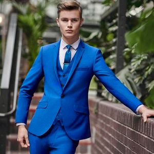 Hot - Groom Tuxedos Royal Blue Groomsmen Bröllopsklänning Notch Lapel Man Jacka Blazer Middag 3 Piece Suit (Jacka + Byxor + Vest + Tie) 87