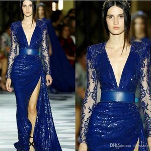 Zuhair Murad azul royal de lantejoulas de lantejoulas de baile de formatura ilusão de manga longa lateral lateral lateral de renda de renda vestidos de vestidos de vestido de uso de soire