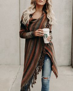 Moda-Cardigan Camisola Mulheres Manga Longa Outerwear Cachecol Coleira Laranja Stripe Tassel Jumper