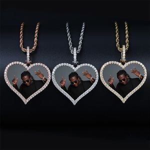 Skräddarsydda Foto Minne Medaljonger Halsband Bling Iced Out Heart Pendant Rope Kedjor för män Kvinnor Hip Hop Personliga Smycken