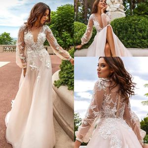 Newest A Line Wedding Dresses Deep V Neck See Through Back With Button Appliques Sweep Train Wedding Bridal Gowns BC1796