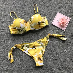 Sexiga bikinis kvinnor baddräkt push up baddräkt tryck citron bikini set brasiliansk biquini lacing baddräkt kvinnlig beachwear simma