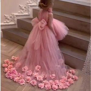 Lovely Puffy Tulle Pink Flower Girl Dresses High Neck Sweep Train 3D Floral Applique Communion Dress Girls Pageant Gowns Q88