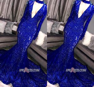 2019 neue wunderschöne königsblaue Meerjungfrau-Abschlussballkleider mit langen Ärmeln, tiefem V-Ausschnitt, Spitzeapplikationen, Abendparty, formelles Kleid