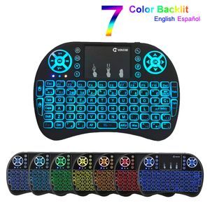 Teclado i8 7 cores retroiluminado Inglês Francês Espanhol Air Mouse 2.4 GHz Teclado Sem Fio Touchpad Handheld para TV Box H96 max PC