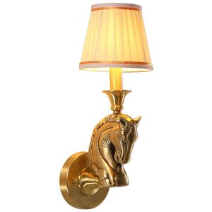 American Loft Copper Horse Head Lampada da parete per soggiorno Vintage Fabric Shade Bedroom Bedside Corridor Scale Wall Applique