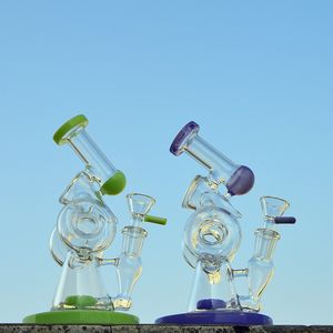 7,8-Zoll-Wasserpfeifen-Glasbong-Beiwagen-Design, einzigartige Bongs, geschlitzte Donut-Perc-Öl-Dab-Rigs, Doppel-Recycler-Wasserpfeifen, grüne Purpls XL-320