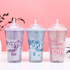 Letter Coffee Mugs Sequin Star Plastic Water Bottles Straw Mug Tea Milk Insulated Cup Drinkware
