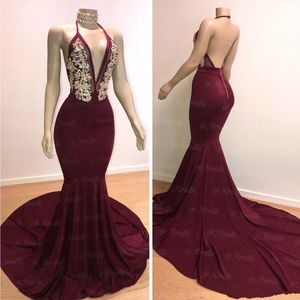 Borgonha Vestidos de Baile 2019 Sexy Sereia Halter Pescoço Aberto de Volta Vestidos de Noite De Cristal De Ouro Bead Party Ball Red Tapete Vestido