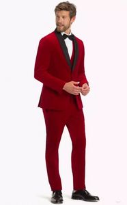 Mode Red Velvet Bräutigam Smoking Schwarz Schal Revers Groomsmen Wedding Dress Excellent Man Jacke Blazer 3 Stück Anzug (Jacket + Pants + Vest + Tie) 86