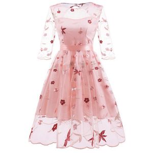 Women's New Dress Lace Hand Embroidered Vintage Flowers and Maple Leaf Design Dotted Puffy Dress Party Costume