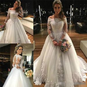 the Elegant Off Shoulder Dresses Scalloped Neckline Lace Applique Sweep Train Long Sleeves Illusion Covered Buttons Wedding Gown