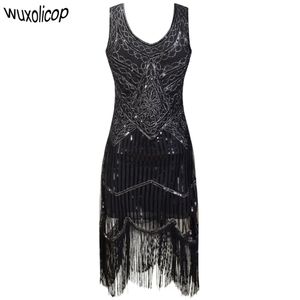 Women Party Robe Femme 1920s Great Gatsby Flapper Sequin Fringe Midi Vestido Summer Art Deco Retro Black Dress Q190417