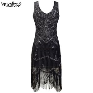 Kadın Parti Robe Femme 1920 s Great Gatsby Sineklik Pullu Fringe Midi Vestido Yaz Art Deco Retro Siyah Elbise Q190417