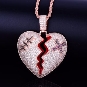 New Red oil Broken Heart Pendant With rope Chain Necklace Gold Silver Color Cubic Zircon Men's Hip hop Street Rock Jewelry