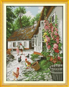 Bauernhof-Blumen-Hahn-Wohnkultur-Gemälde, handgefertigte Kreuzstich-Stickerei-Handarbeitssets, gezählter Druck auf Leinwand DMC 14CT/11CT