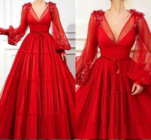 2020 Neue Rote A-Linie Langarm V-Ausschnitt Elegante Abendkleider Robes de Cocktail Besondere Anlässe Party Abendkleid Kleider