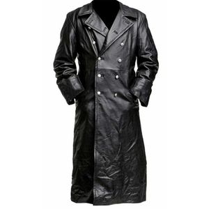 Men's Vintage Long Leather Jacket Trench Coat Pure Leather Streetwear Windbreaker