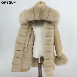 Oftbuy casaco longo de pele real, à prova d'água, natural, gola de pele de guaxinim, capuz, forro de pele de coelho, grosso, quente, moda urbana