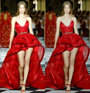 Zuhairmurad Customized Red A Line Evening Dress Strapless Sleeveless Formal Dress Tulle Satin Applique Sashes Hi Lo Party Bridesmaid Gown