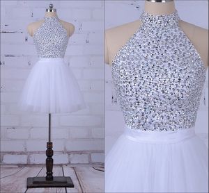 Glitter Silver Beaded Cekiny Krótkie Prom Homecoming Dresses Real Image High Collar Keyhole Backless Tulle Graduation Cocktail Party Suknia