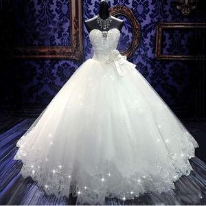 Sexy Bling Cheap A Line Wedding Dresses Sweetheart Sleeveless Lace Appliques Crystal Beaded Pearls Ball Gown Bow Formal Bridal Gowns